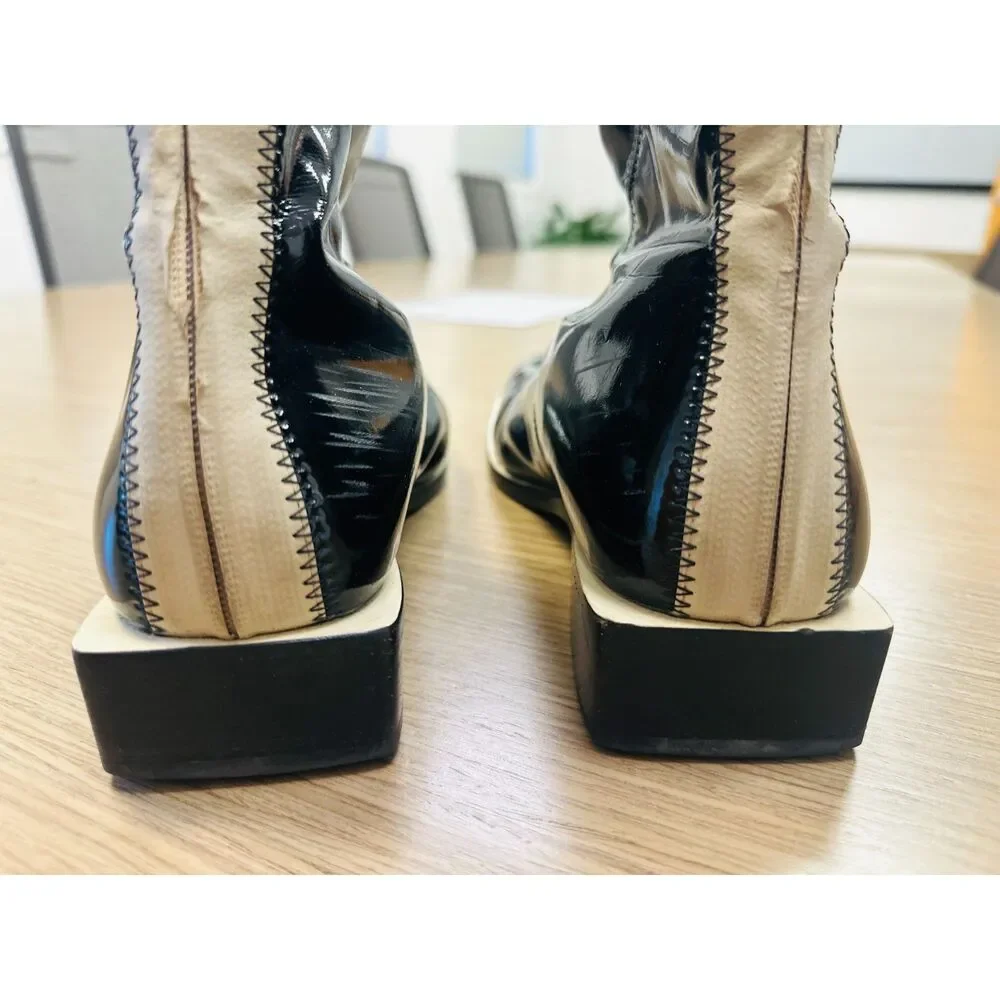 FENDI Fframe Patent Leather Neoprene Glossy Black Square Toe Ankle Boots Sz 10.5